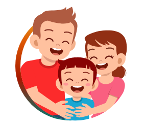 Ilustração de uma família que consiste em pai, mãe e filho, todos estão sorridentes